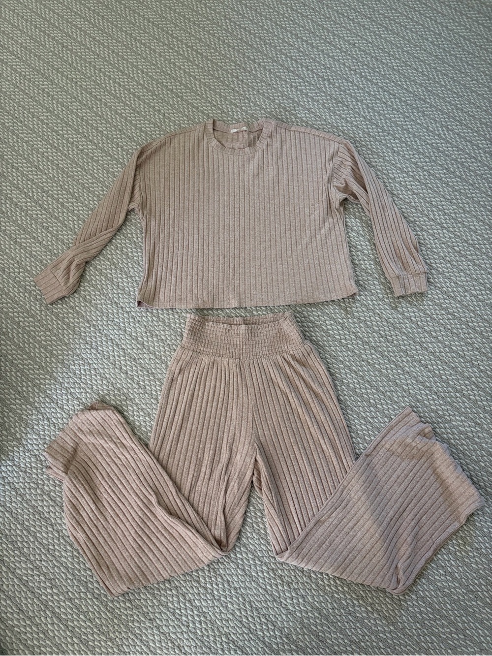 Z Supply Dawn smocked pant and Daydream ribbed long sleeve set in Iced Coffee